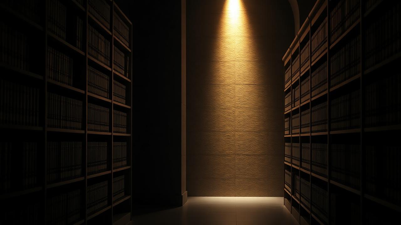 Archivo jurídico corporativo con estanterías iluminadas